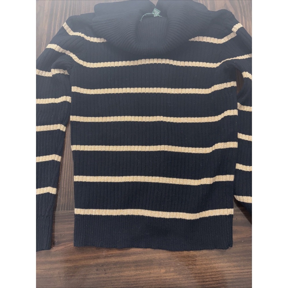 Lauren Ralph Lauren Black Gold Striped Sweater Toggle Medium Sparkle Metallic - Picture 8 of 8